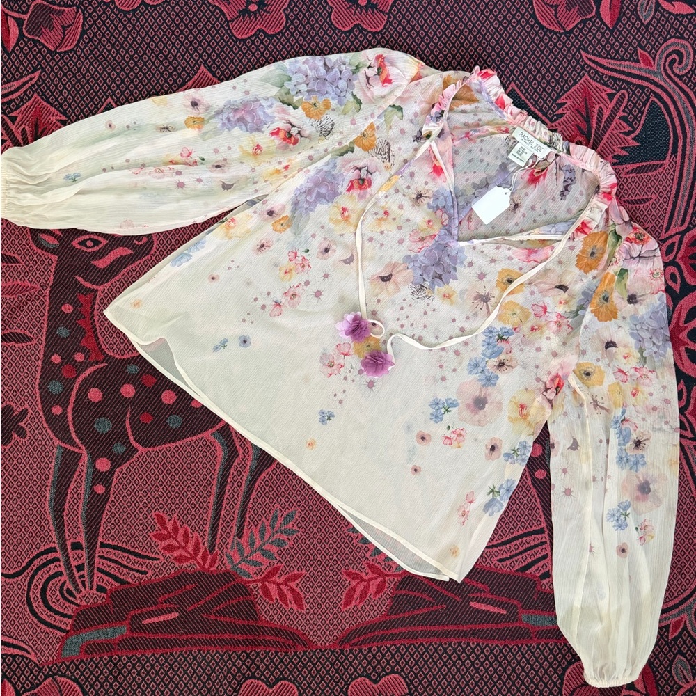 Rachel Zoe Sheer Floral Blouse in Ivory with Multicolor Flowers